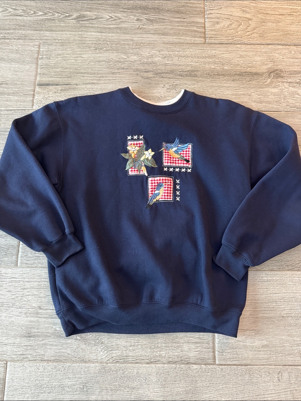 Vintage Navy Crewneck Sweater with Bird & Floral Patchwork